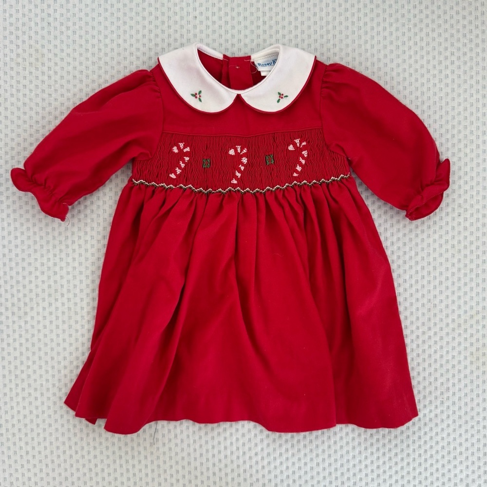 Vintage Classic Red Baby Girl Smocked Holiday Dress with White Collar Size 6m
